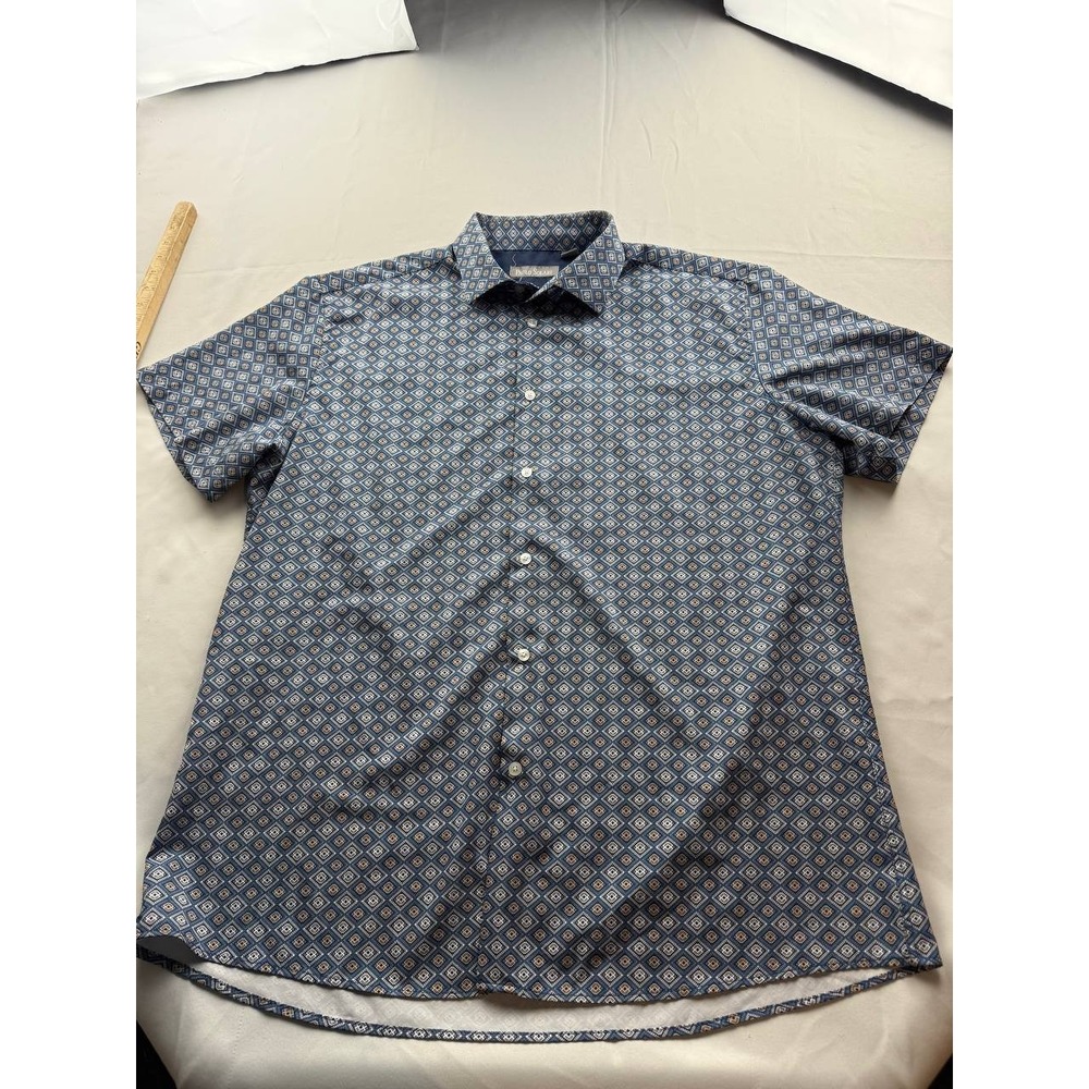 Paulo Solari Shirt Mens Size 2XL‎ Blue Geometric Button Up Short Sleeve Casual